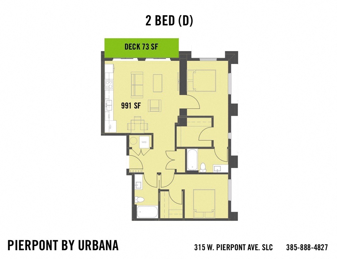 Floor plan for 2 beds, 2 baths, 991 sqft